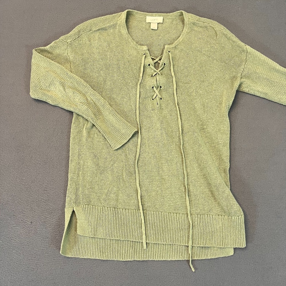 Loft Outlet Womens Sm Sweater Tunic Length Drop Linen V Neck Green LS‎ Tie Rib
